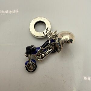 Sterling Silver Blue Motorcycle & Helmet Dangle Charm S925 Threaded